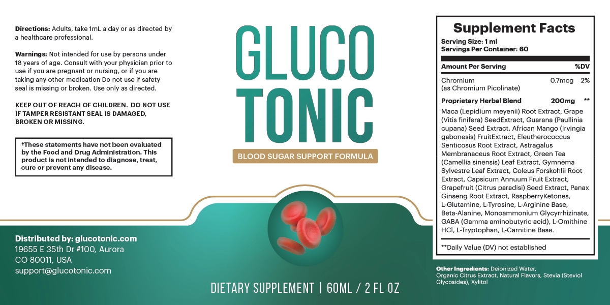 GlucoTonic label with complete ingredient list.